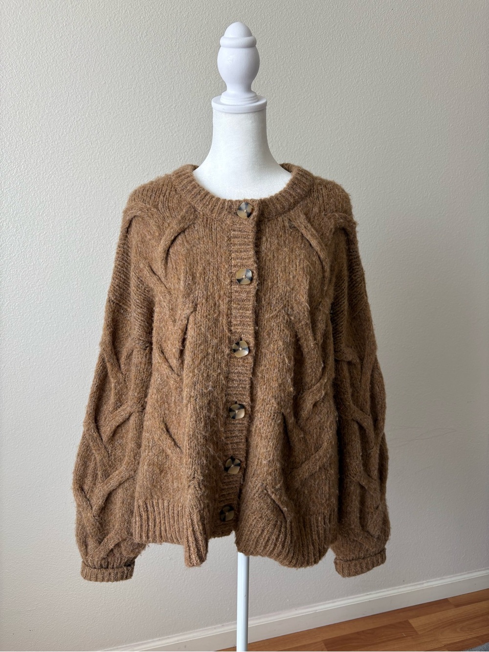 Madewell Chestnut Brown Wool Cable-Knit Button Cardigan